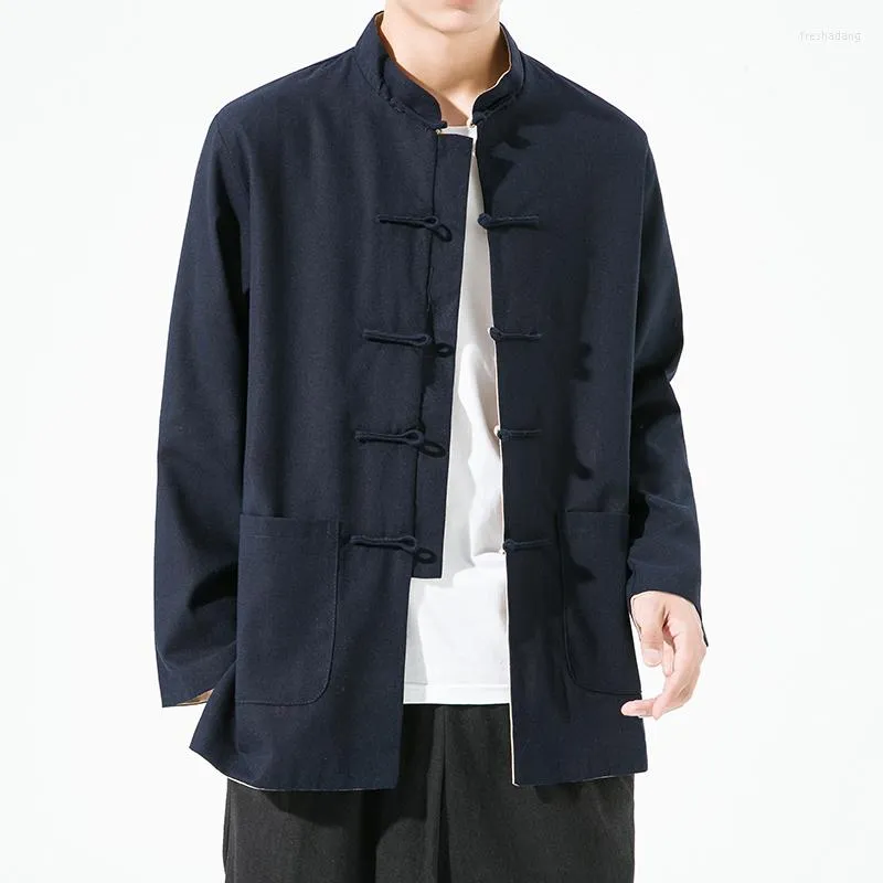 Hommes vestes Style 2023 automne lin mâle veste en vrac chinois coton réversible Kimono Cardigan couleur unie vêtements d'extérieur