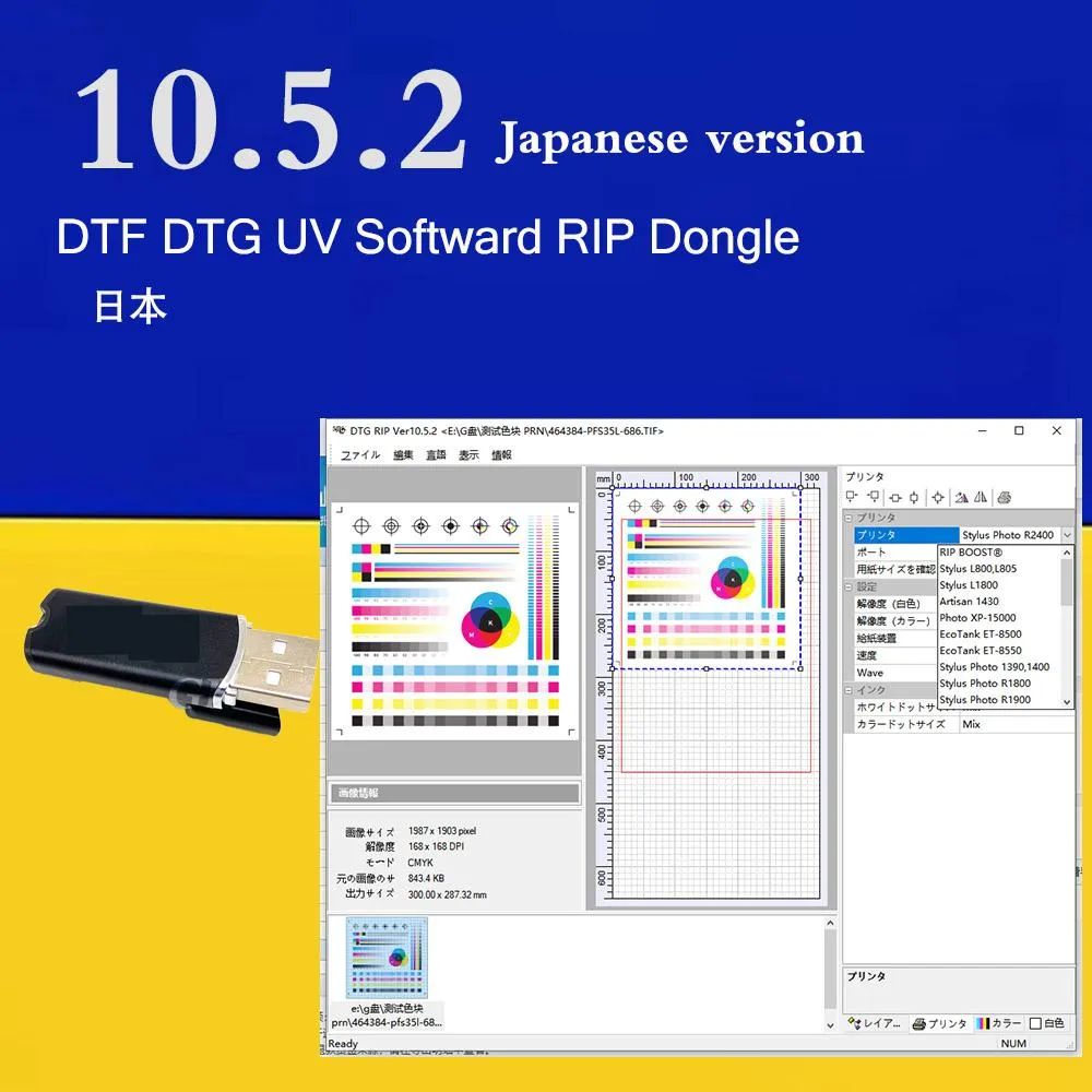 Acessórios 10.5.2 DTF UV Rip Print Roll Software USB Dongle suporta L1800 L805 R1390 P600 2400 7890 Impressora Custom White Color Ink 10.3