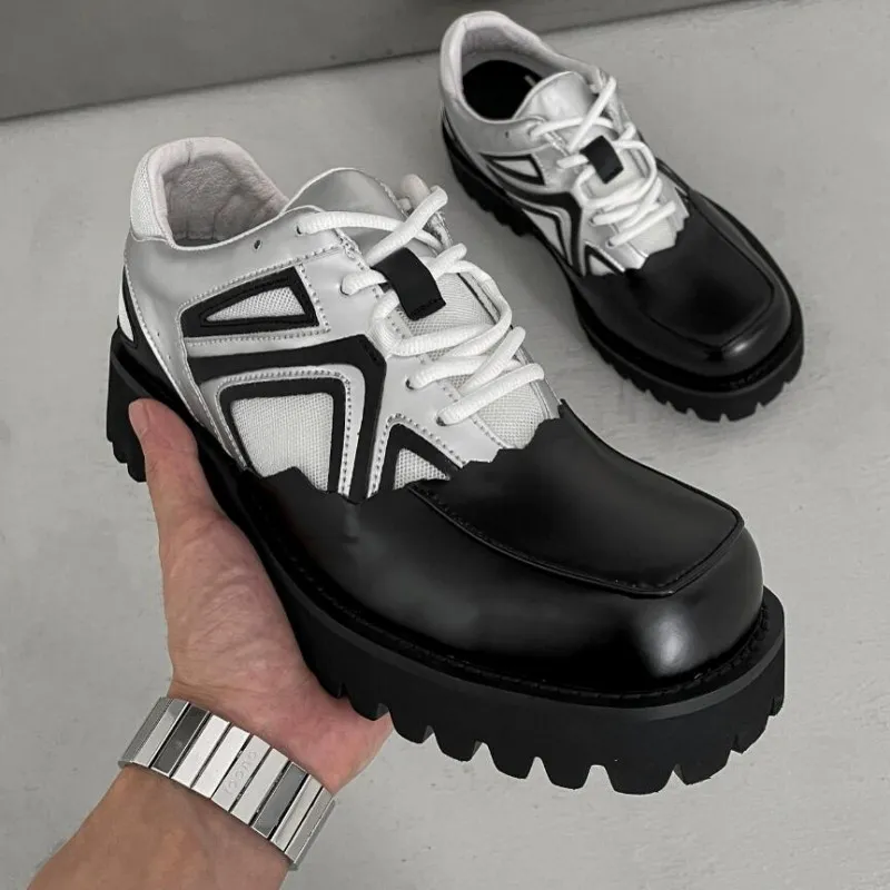 MixColor White Black Black Shoes Square Tee Toe Chisty Heel Platform Derby Shoes Men Suital Suit