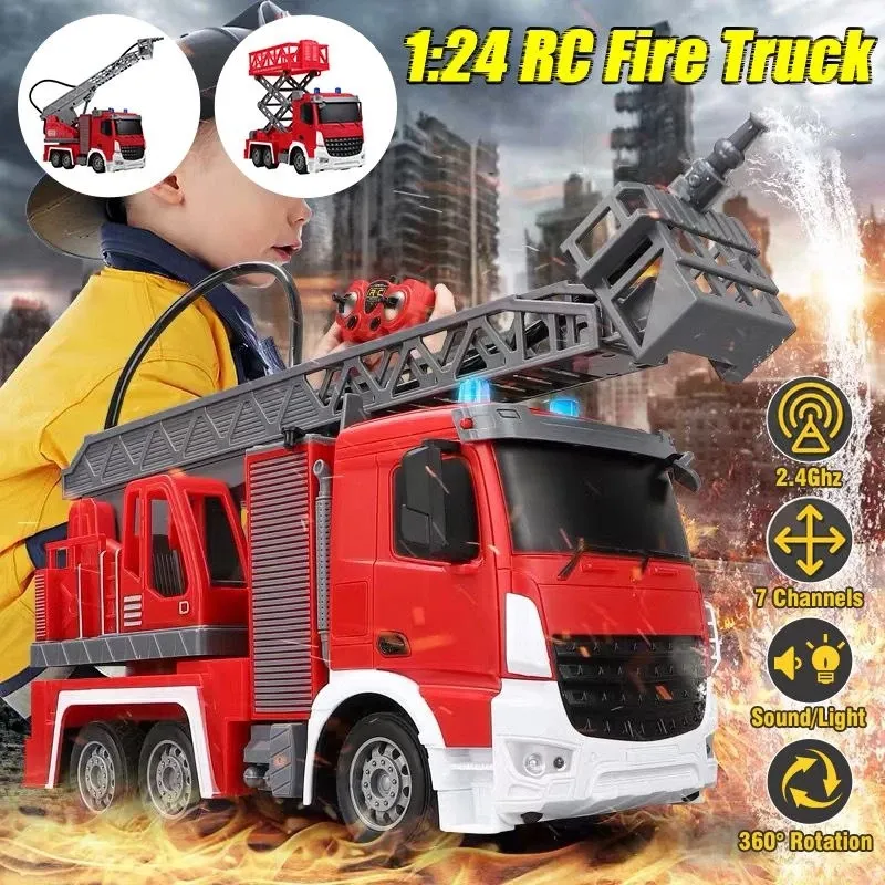 1:24 7 kanaler 2.4G fjärrkontroll Electric Fire Rescue Truck RC Water Spray Fire Truck Music Light Engineering RC Truck