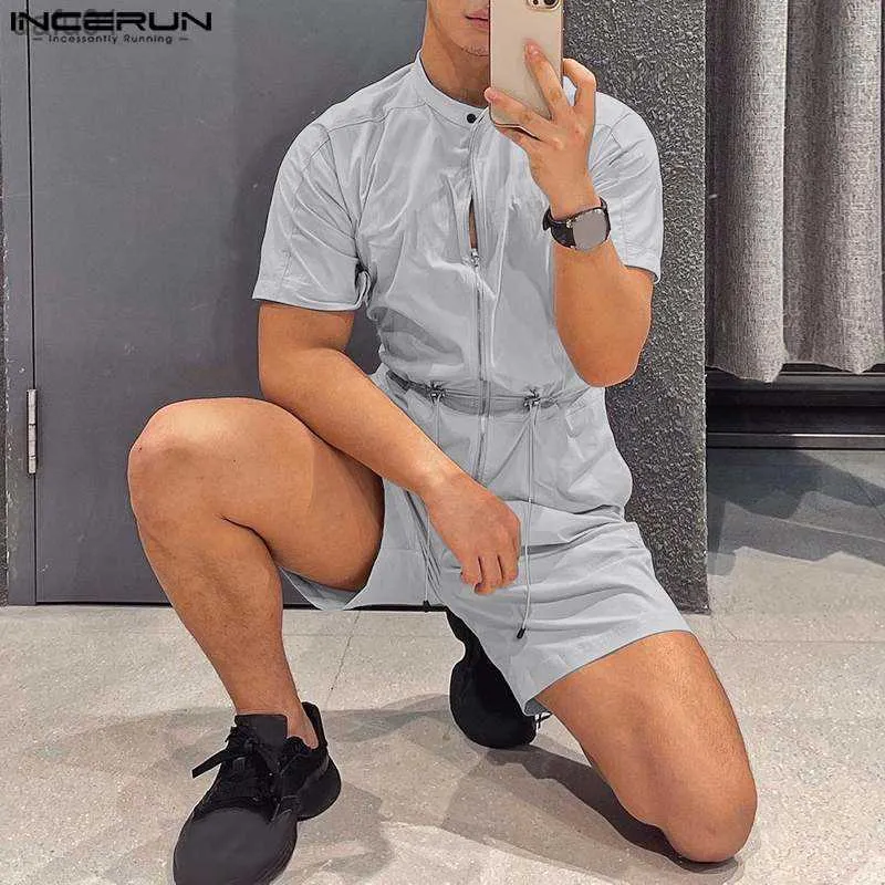 Heren shorts Incerun Men Rompert Solid Stand kraag korte mouw ritssluiting jumpsuits Men streetwear 2023 Fashion Cargo Overalls S-5XL L230520