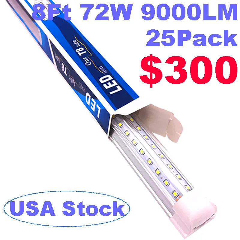 Porte de refroidisseur en forme de V de 8 pieds Tubes LED T8 intégré 72W 2 rangées de luminaires Stock de luminaires aux États-Unis