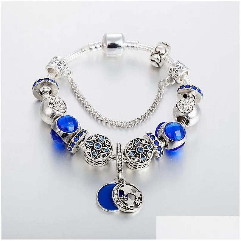 fashion blue charm pendant bracelet for jewelry silver plated diy star moon beaded bracelet with box