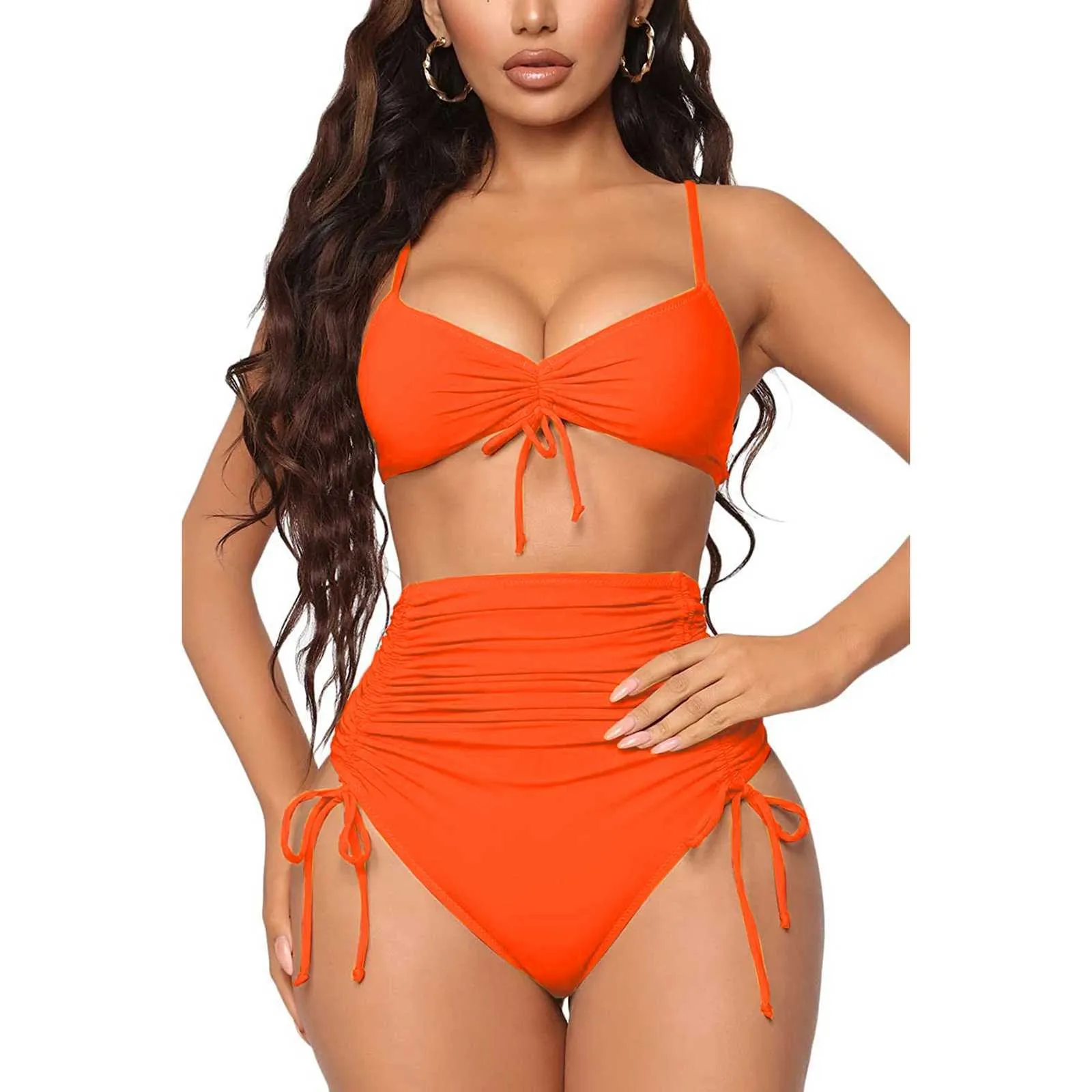 Fato de banho feminino Yiiciovy feminino cor sólida 2 pçs biquíni com cordão cintura alta conjunto de biquíni verão sexy praia praia maiô AA230529