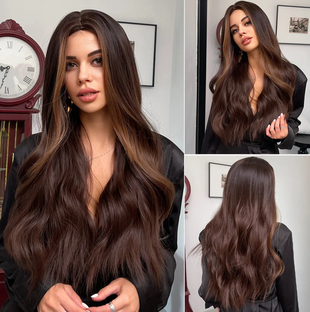 Perruques synthétiques ondulées de 24 pouces de long Ombre Brown Middle Part pour les femmes de nombreux styles à choisir parmi la personnalisation du support