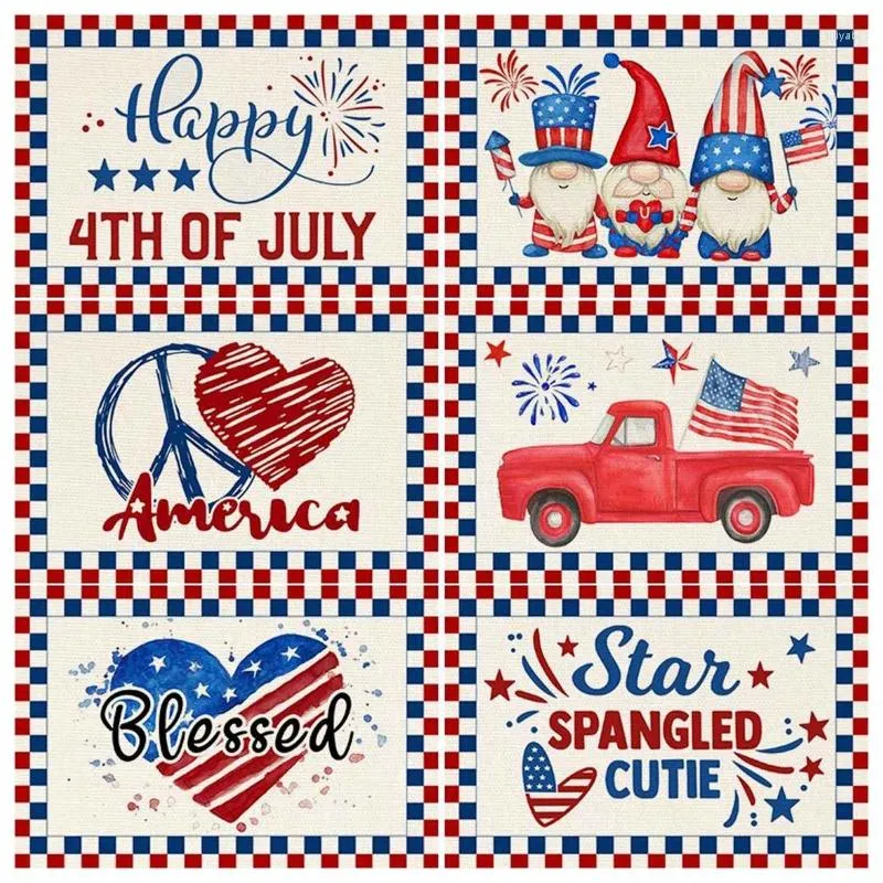 Table Mats Independence Day Placemat Check Plaid American Flag Gnome Patriotic Mat M6CE