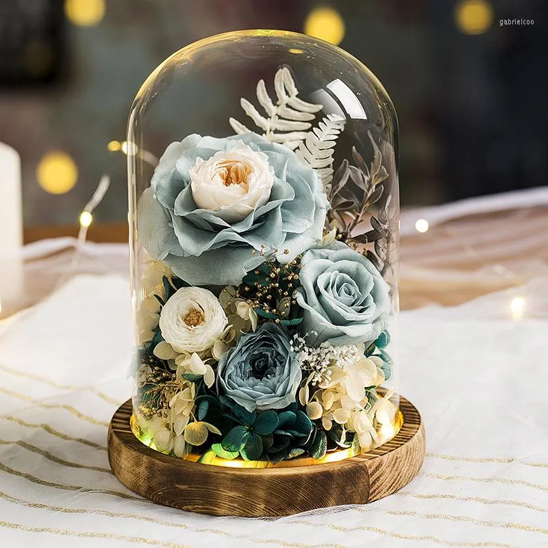 Decorative Flowers Valentine's Day Romantic Artificial Home Decor Chromatic Wedding Rose Bouquet In Glass Dome Beautiful Eternal Flower