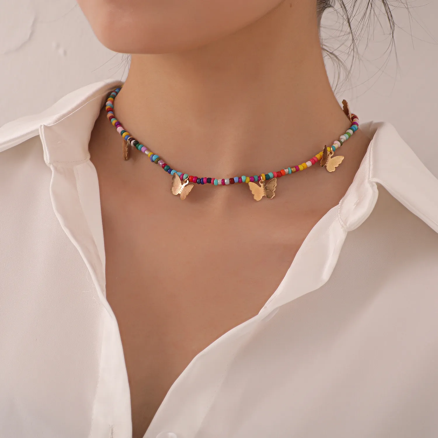 collier mode alliage papillon pendentif collier femme, tempérament simple coloré perlé fait main collier pendentif collier saint valentin 01