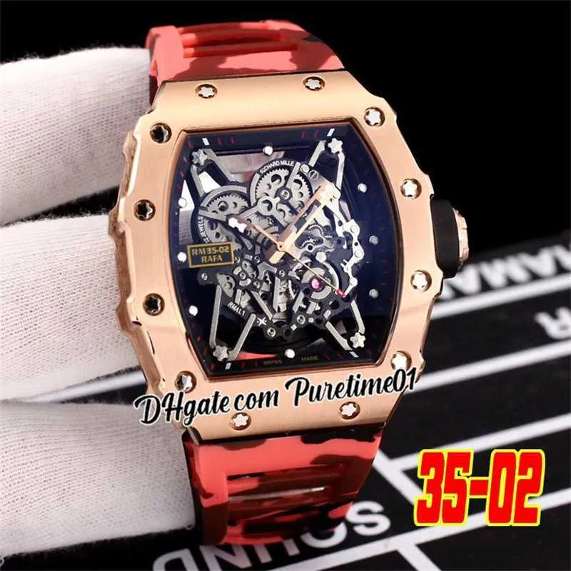 2024 RicharMill Fashion Luxury Watches Rafael Nadal Automatic Mens Watch Rose Gold Skeleton Dial Orange Gray Camouflage Rubber Strap Swiss ZF Factory