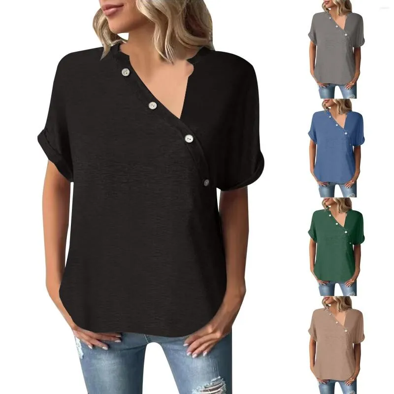 Kadın bluzları kadın egzersiz gömleği gevşek uyum bükülmüş düğmeler eğimli yakalı düz renk kısa kollu gündelik stil üstleri tişörtler düz bluz