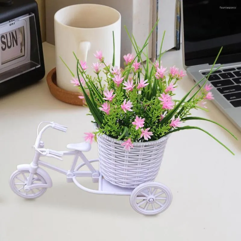 Decorative Flowers Rattan Bike Vase With Silk Colorful Mini Rose Flower Bouquet Daisys Artificial Flores For Home Wedding Decoration