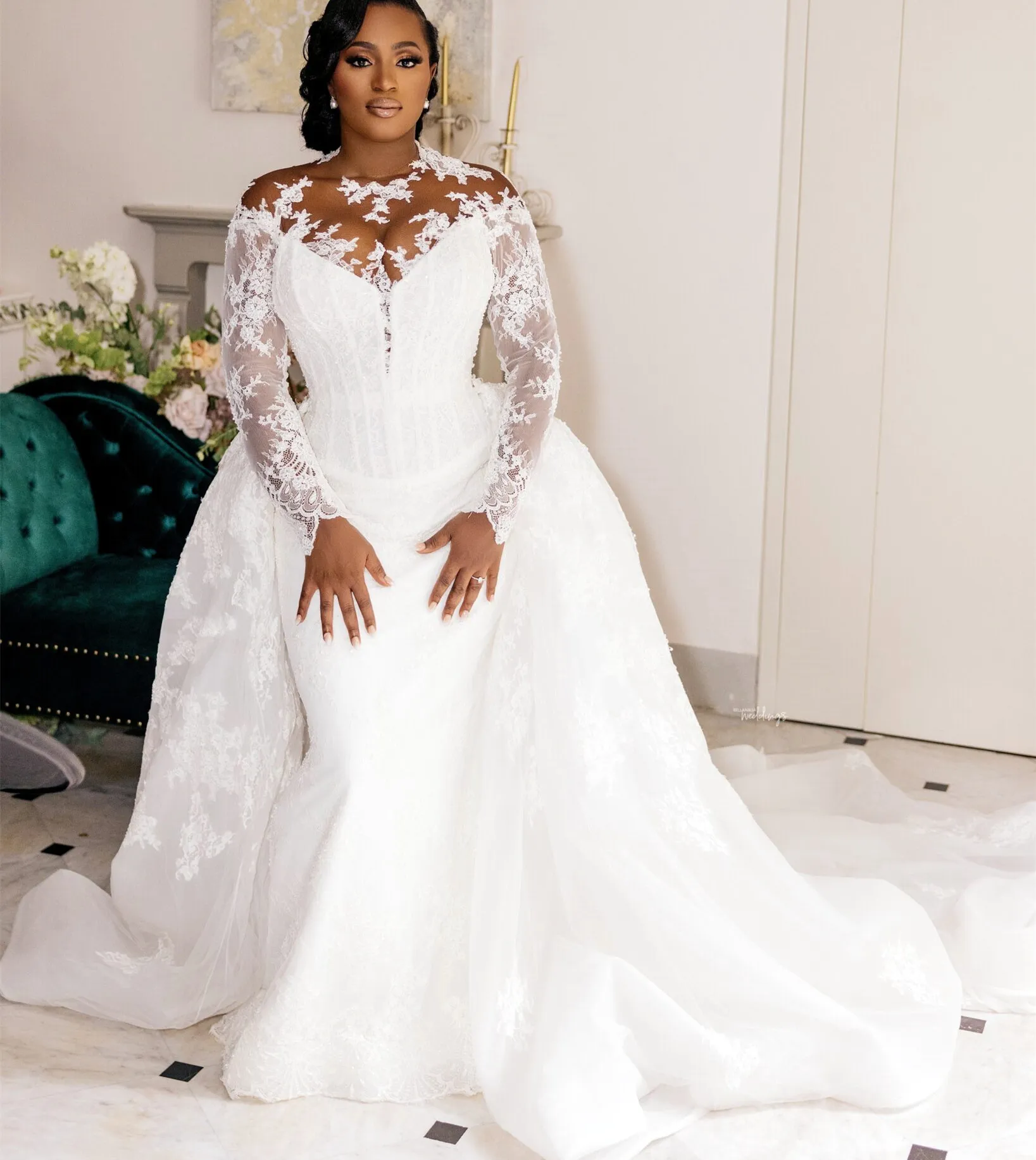 2023 arabe Aso Ebi sirène robe de mariée blanche pure cou manches longues dentelle robes de mariée robes ZJ303