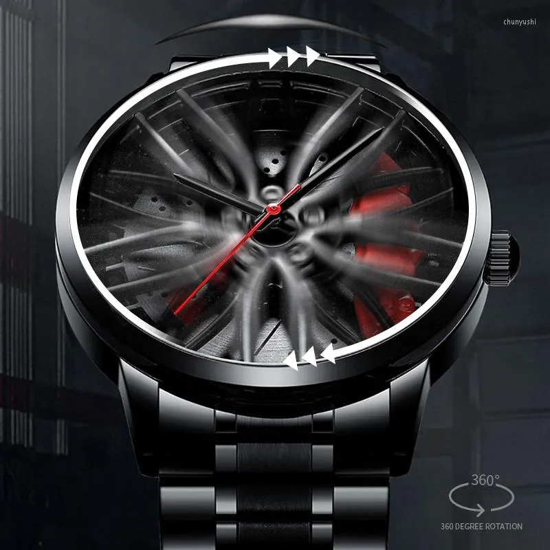 Zegarek Rotacja 3D Unikalne obręcze samochodowe Koło męskie Watch Kreatywny obrotowy osobowość kwarcowy zegar zegar Wodoodporne powieść