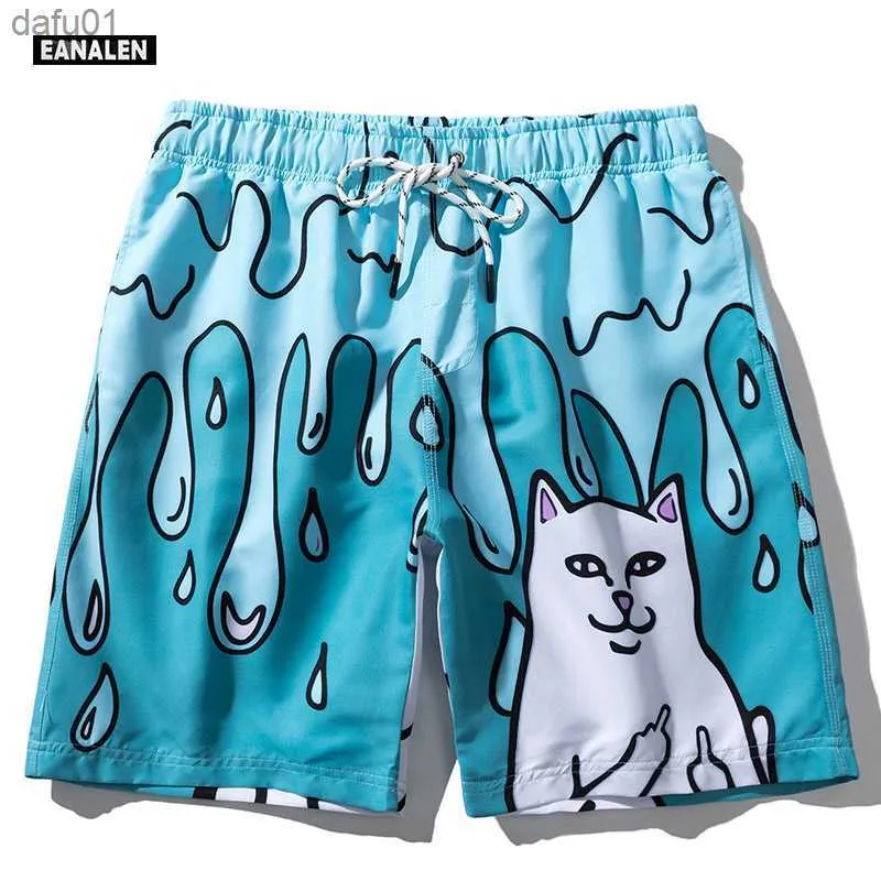 Mäns shorts 2021 Men's Funny Graffiti Cat Graphic Beach Beach Pants Street Fitness Surfing Hip Hop Shorts Running Sports Fitness Pants Men L230520