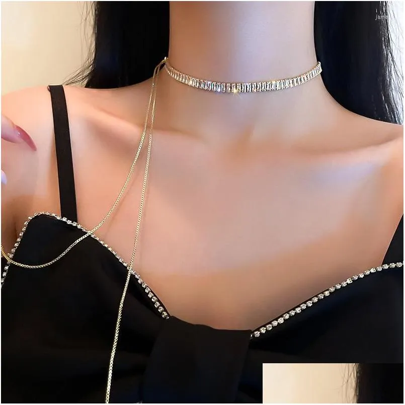 Chokers Choker Sexy Girl Long Zirkon ketting Gestructureerde Rhinos Fashion Personality sleutelbeen ketting Tassel Deep V Hanger Party Nek Dr Dho6i