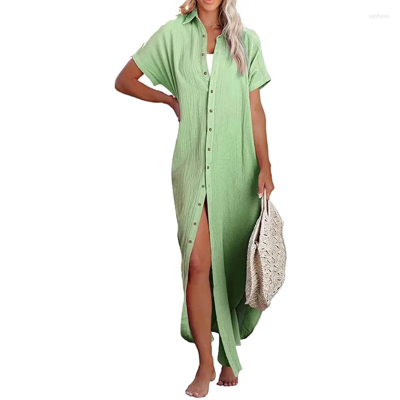 Women's Blouses Womens Casual Short Sleeve Side Split Button Down Long Kimonos Cardigans Swimsuit Cover Ups