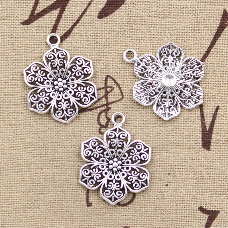 12pcs Charms Flower 32x24mm Antika Bronz Gümüş Plakalı kolye DIY El Yapımı Tibet Bronz Gümüş Renk Takıları