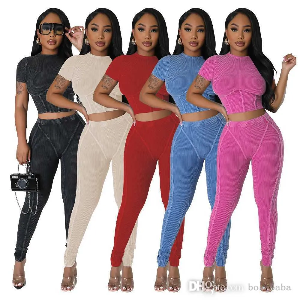 Women Tracksuits Zwei Stücke Set Designer 2023 Neue Boxenstreifen Sport zwei set runde Hals enge sexy Sportwear 5 Farben S-XXL