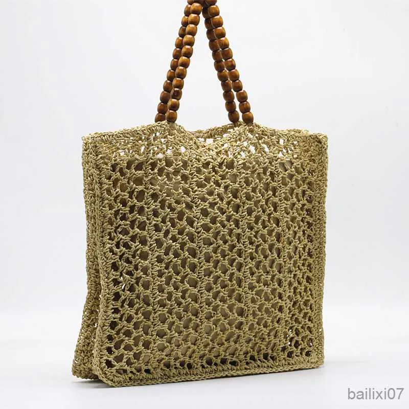 Summer Straw Crochet Shoulder Bag With Wood Bead Handle Fashionable Hollow Design For Womens Casual Beach Tote And Shopper Purse From Bailixi07 16.5 DHgate.Com