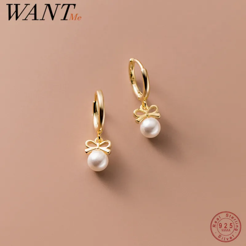 WANTME 925 Sterling Silver Cute Butterfly Synthetic Pearl Pendant Drop Earrings Fashion Charm Gold Plated Huggies Jewelry Women