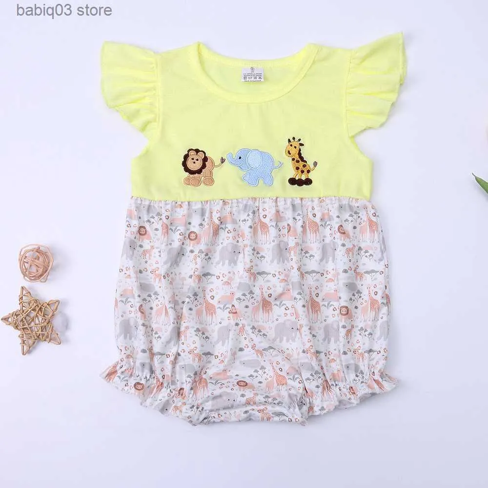 Barboteuses 0-3T Animal Combinaison Bébé Garçon Vêtements Zoo Broderie Bulle Infant Barboteuse Manches Jaune Shorts Toddler Body Nouveau Né Tenues T230529