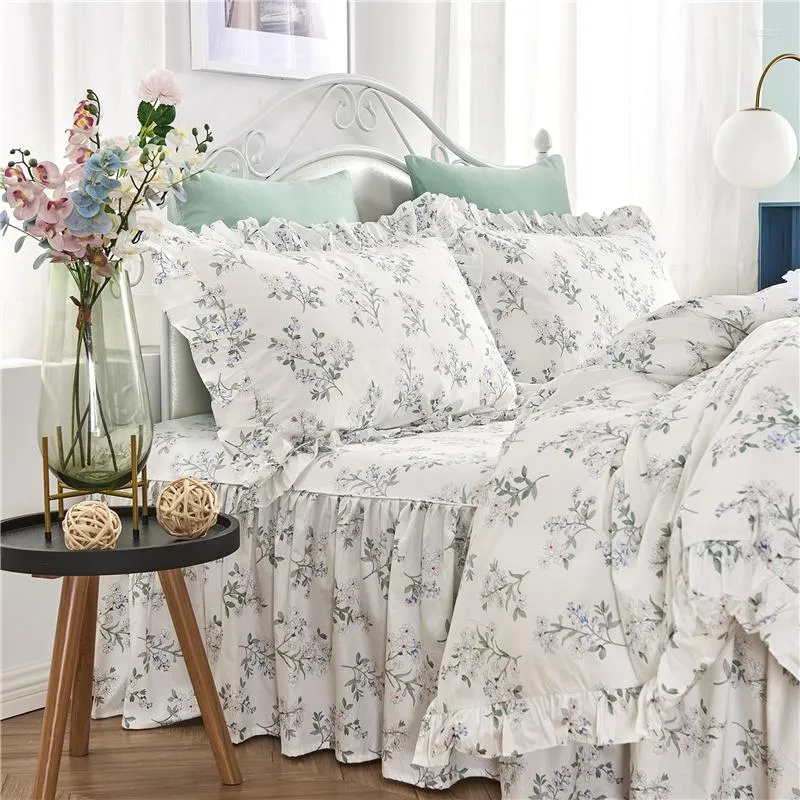 Bedding Sets Cotton Twill Ruffled Quilt Cover Comfortable Pillowcase Small Fresh Flower Green Set Bedspread Kit HM-07F