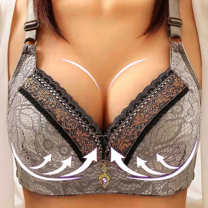 Behalve nieuwe draadloze dames oversized push-up comfortabele solide kleur modieuze beha met geboorde decoratie P230529