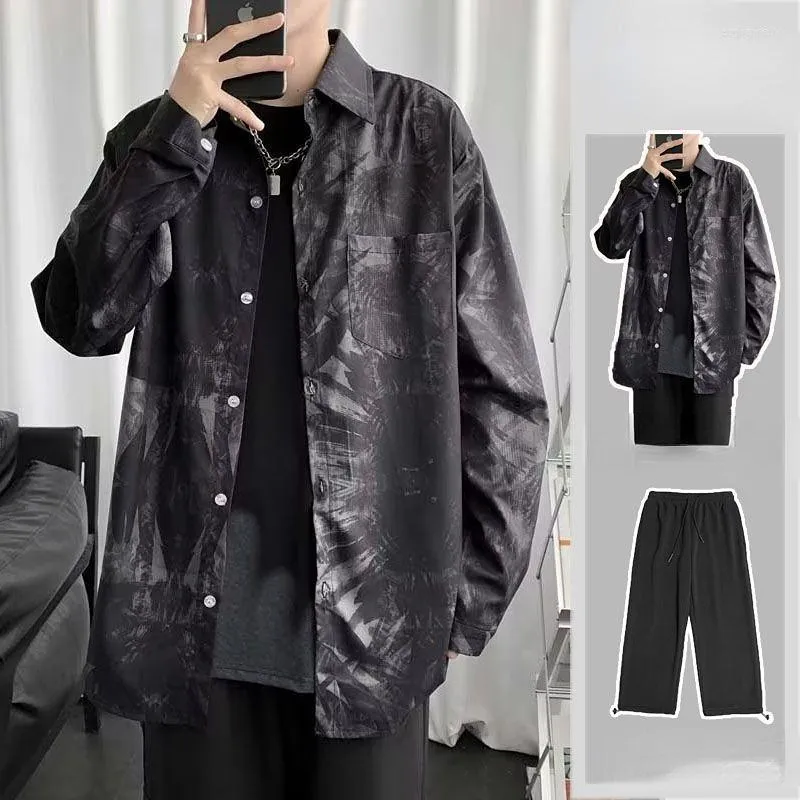 Men's Tracksuits Men's 2023 Spring Fashion Short Sleeve Shirt Coats Pants Male Two Piece Set Print Trousers Home Suits F40