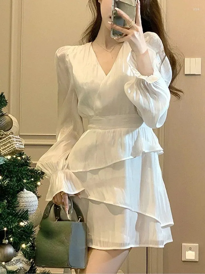 Casual Dresses Fairy Long Sleeve Sexy Mini Dress Woman Korean Style Short Party 2023 Spring Summer Cute White