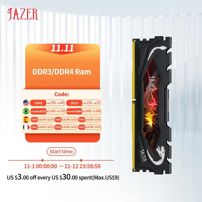 Rams Jazer Desktop RAM DDR4 8 Go 16 Go 2666MHz 3000MHz 3200MHz DDR3 4 Go 8 Go 1600MHz Mémoire d'ordinateur avec dissipateur thermique