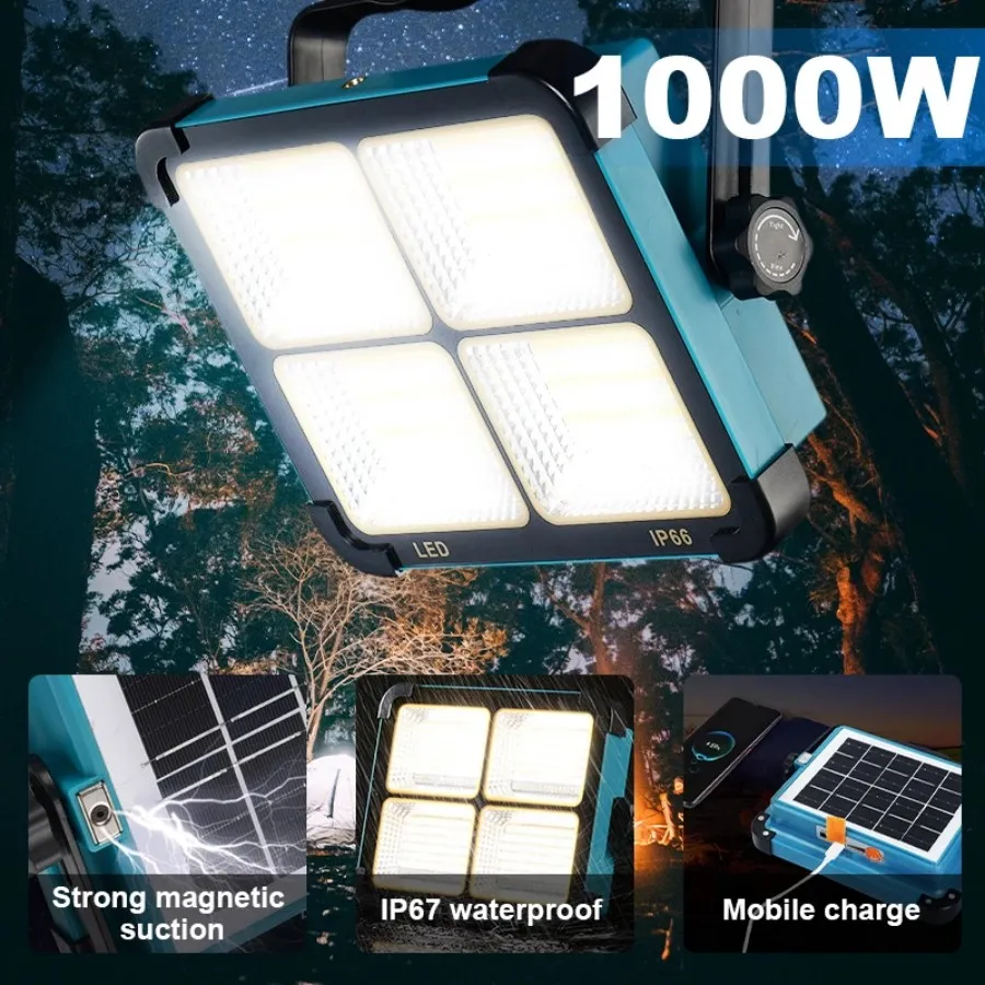 Superbright 1000Watt Portable Camping Tent Lamp USB Raddningsbar LED Solar Flood Light Outdoor Waterproof Work Repair Lighting