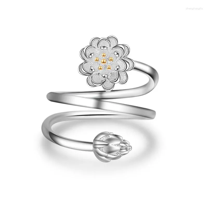 Cluster Rings Sterling Silver Female Flower Ring Buddhist Lotus Multi-Layers Opening Art Women Fashion Jewelry Adjustable Design
