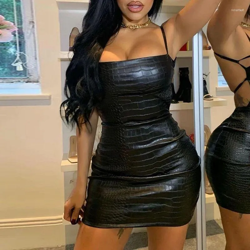 Casual Dresses Black Pu Leather Dress for Women 2023 Summer Sexig Backless Spaghetti Strap Sleeveless Tight Short Woman Night Club