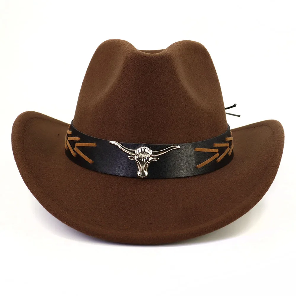 Sombrero de vaquero del oeste Vintage con cabeza de toro, sombreros Fedora de Jazz de Color sólido para hombres y mujeres, protección solar para exteriores, gorra de Panamá para montar