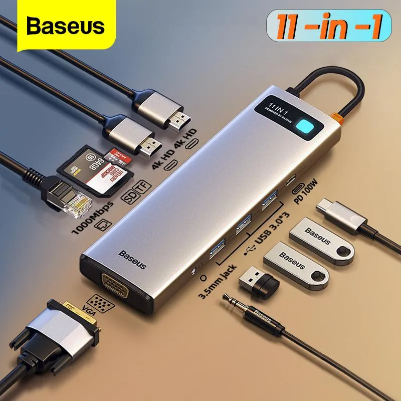 Hubs Baseus USB C Hub Multi Hub Ethernet Network PD 100W Тип C Dock Station Splitter HDMIC -совместимый USB 3.0 Адаптер для MacBook