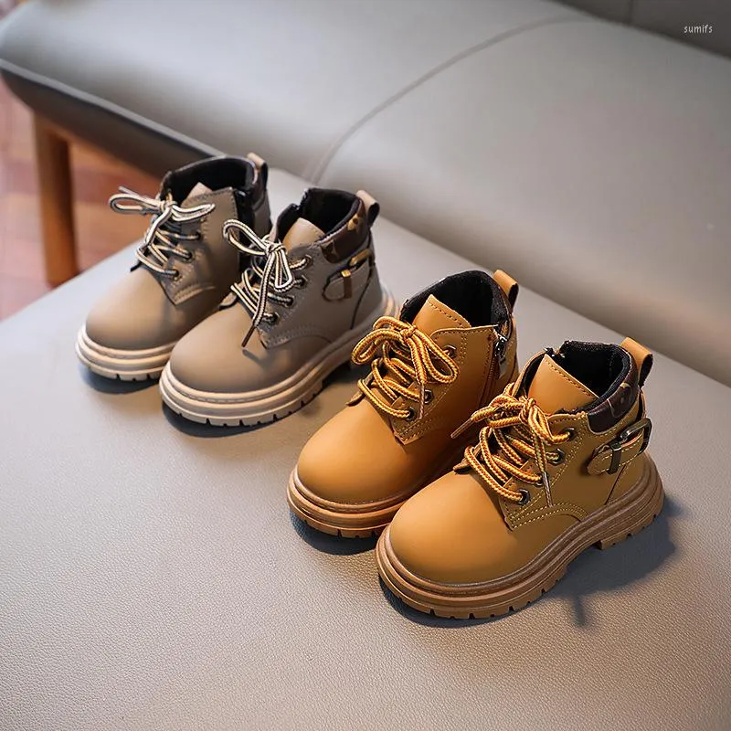 Kids Leather Ankle Boots Stylish Lace up Korean Fashion Shoes for Girls and Boys Solid Colors for Autumn Winter