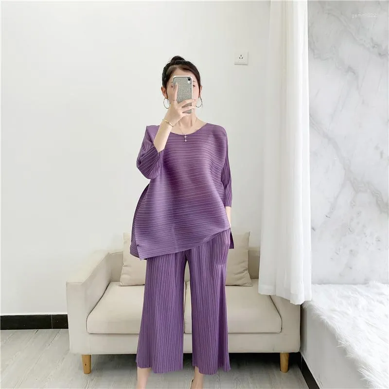 Women's Two Piece Pants 2023 Miyake Pleated Size Women Sets Large Loose Top Shirt Wide Leg Trousers Female Summer Autumn Fold Clothing