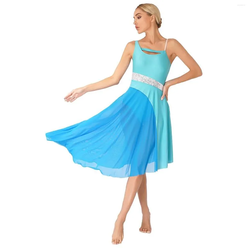 Stage Wear Robe de danse lyrique sans manches pour femmes Bloc de couleur Patchwork Jupes en maille Gymnastique Justaucorps Robes Ballerine Dancewear