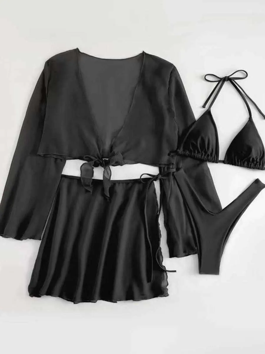 Swim Wear 4 piezas Tanga Bikini 2023 Mujeres con top y vestido Traje de baño negro Fa Halter Traje de baño Ropa de playa Traje de baño Verano AA230529