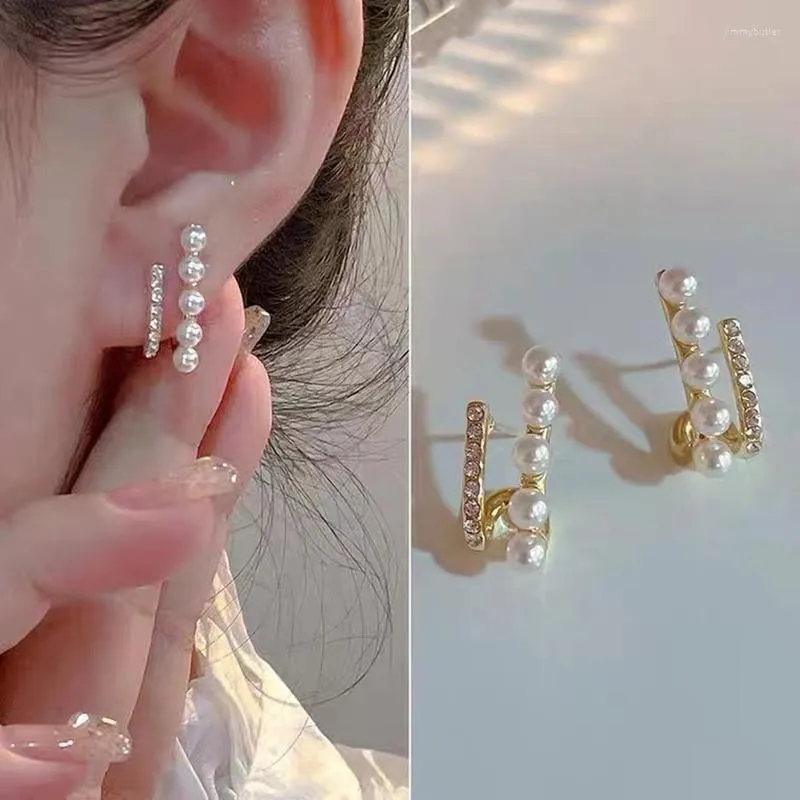 Pendientes colgantes 2023 coreanos de doble perla con diamantes de imitación dorados para mujer, joyería de moda para boda, regalo de cumpleaños