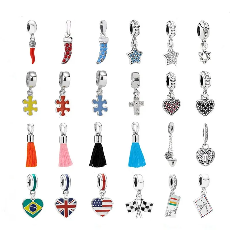 Perles rondes originales en argent 925 livres, pendentif Amour, croix, pendentif drapeau national, accessoire à créer soi-même, compatible bracelet Pandora, perles