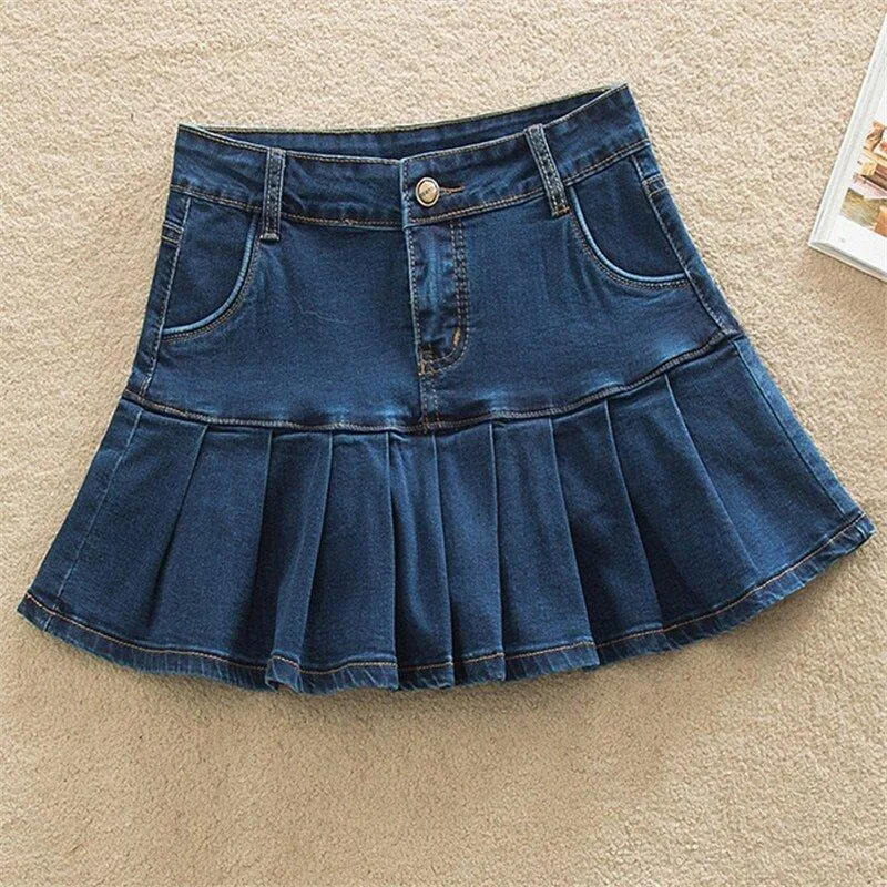 DHgate Skirts Plus Size 26 40 Women Blue Denim Short Skirt Spring Summer Fashion Pleated Slim Mini Jean Streetwear with Inner Shorts Apparel