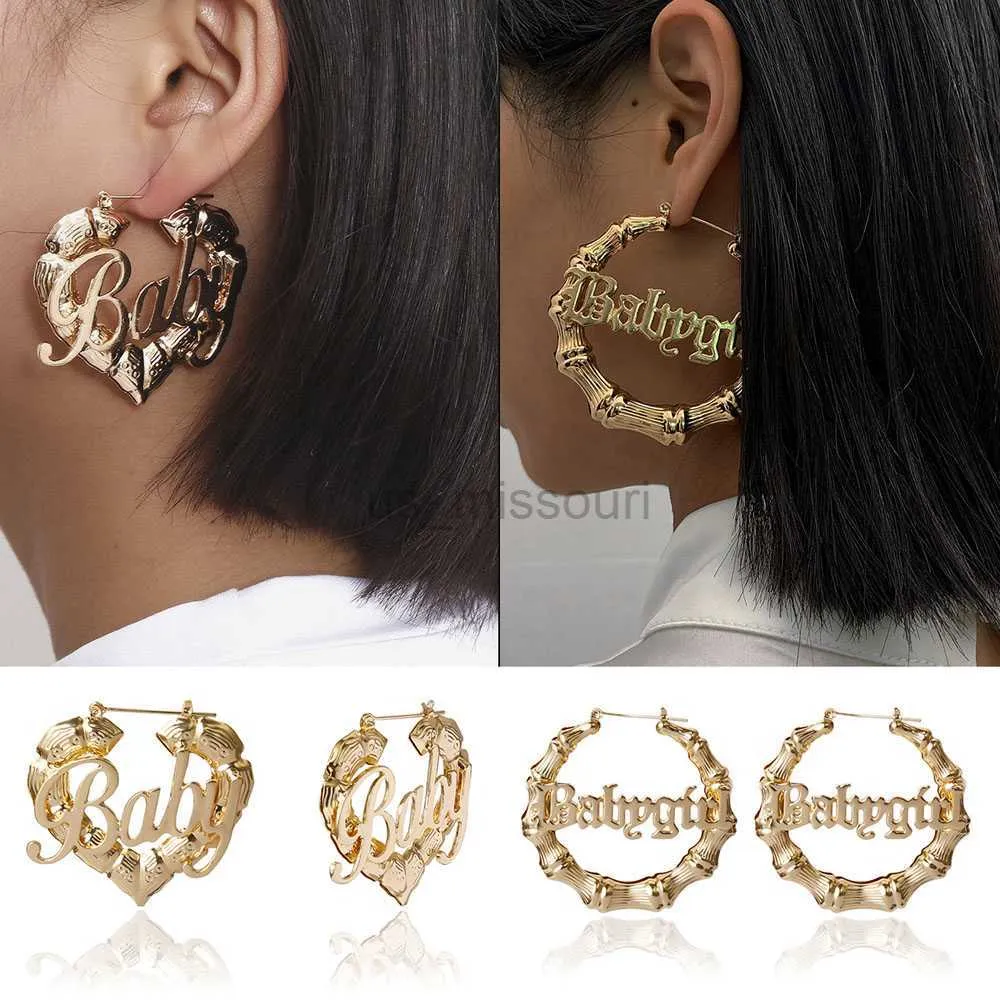 Stud Grand Hoop Boucles D'oreilles pour Femmes Fille Creux Lettre Bébé Fille Bambou Cercle Boucles D'oreilles Chic À La Mode Parti Bijoux Accessoires Cadeau J230529