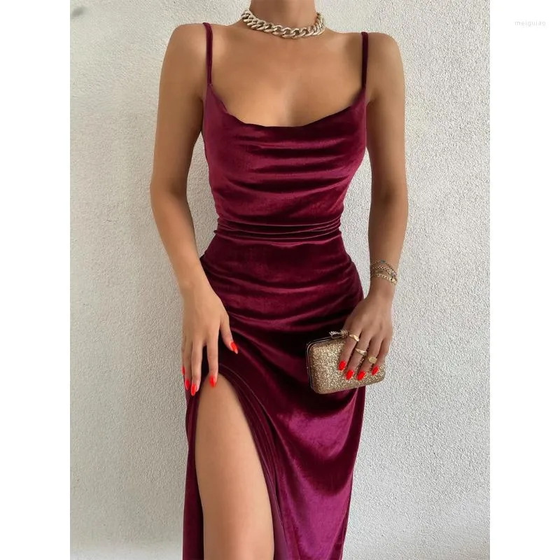 Abiti casual Velluto Collo a battente Senza maniche Slip Sexy Fessura Maxi Abito da cerimonia 2023 Fashion Evening Party Donna Elegante Streetwear Y2K