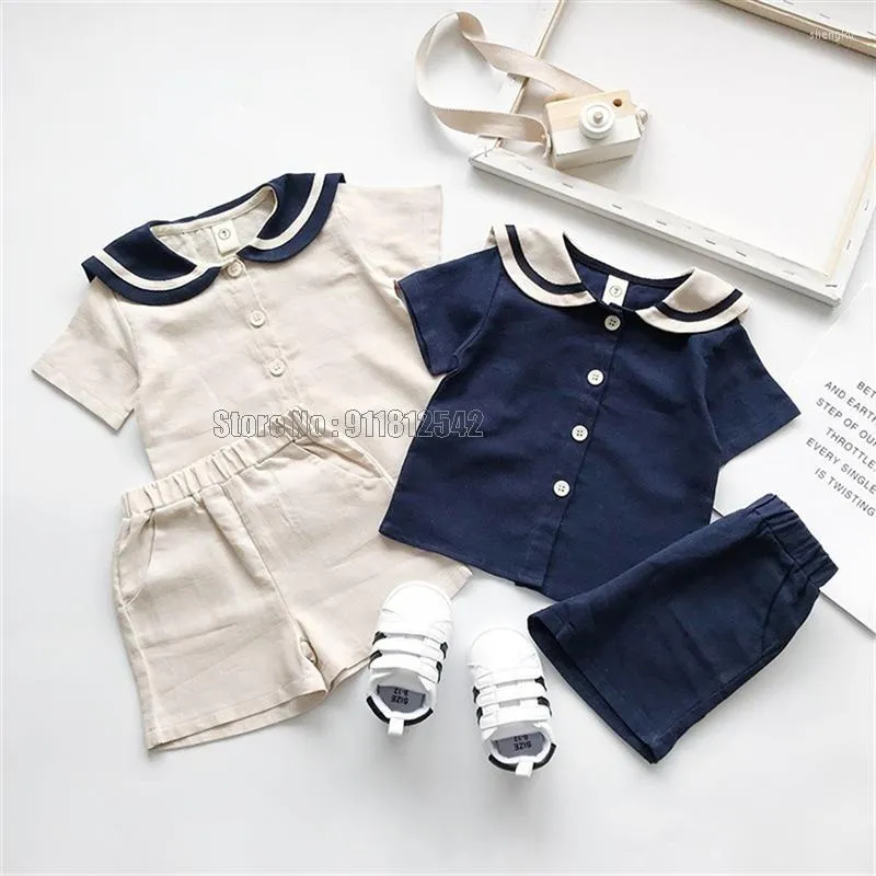 Clothing Sets Navy Style Kids Sailor Collar Cotton Linen T Shirt Pants 2pcs Summer Clothes Set Boys Girls Suit