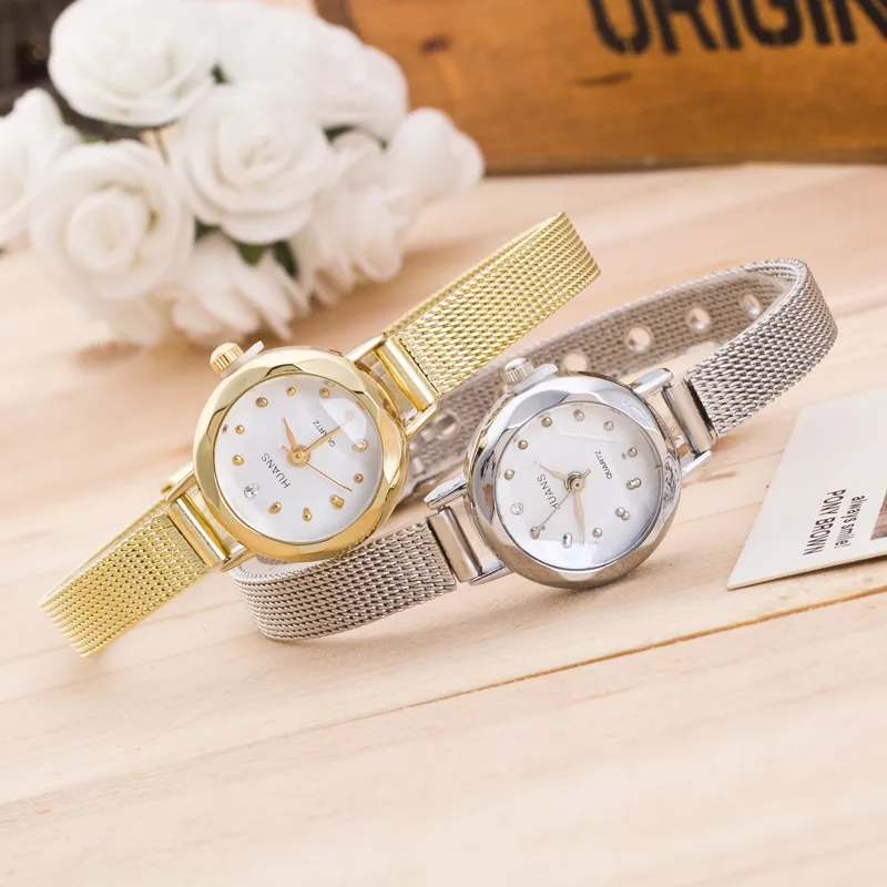 Huans Watch Whomen's Alloy Fine Mesh Band Watch Wholesale Student Fashion Gold Diamond Quartz Wristwatches