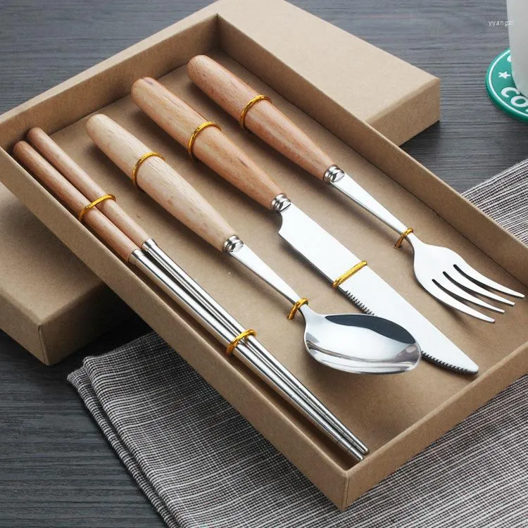 Ensembles de vaisselle cuillère en bois coffret cadeau manche en hêtre couteau en acier inoxydable fourchette baguettes quatre pièces vaisselle Portable d'extérieur