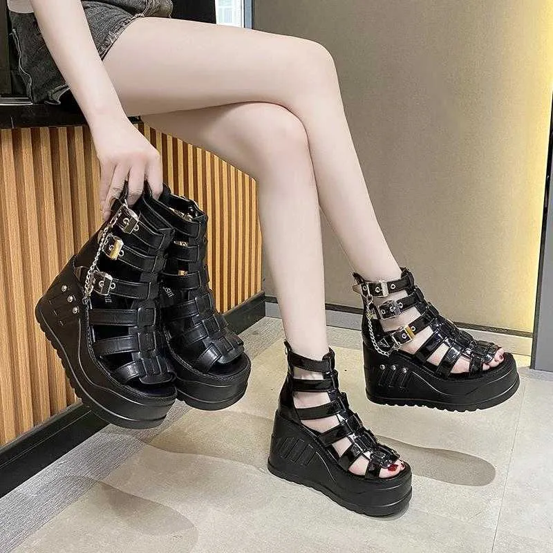 Sandália Feminina Salto Alto Gótico Punk Verão Sapatos Plataforma Mulher Conforto Alças Zip Fivela Moda Casual 230417