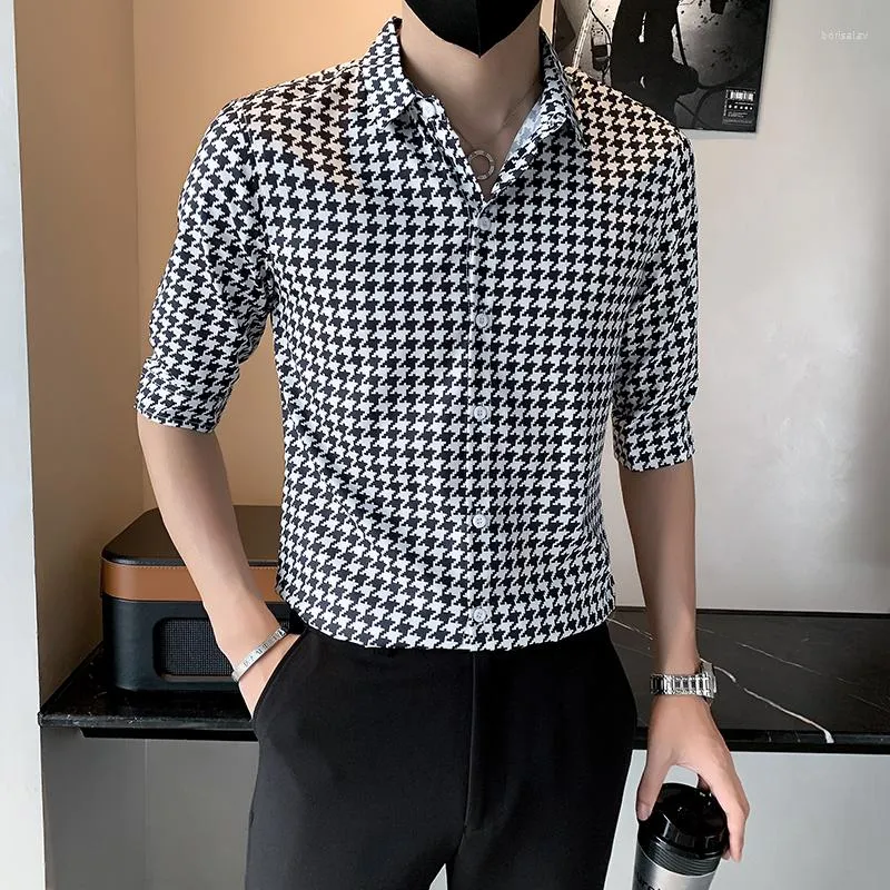Camicie casual da uomo coreano pied de poule uomo 2023 estate mezza manica camicia sottile streetwear abbigliamento per feste sociali chemise homme
