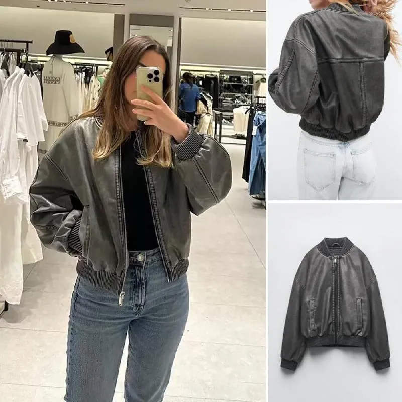 COS Women s Washed Effect Stand Up Collar Bomber Jacket Zipper Closure Long Sleeved